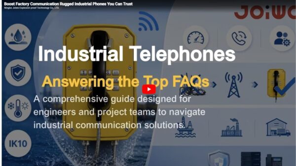 Yellow industrial telephone mounted on a wall with water splash background, surrounded by icons representing communication and safety features.