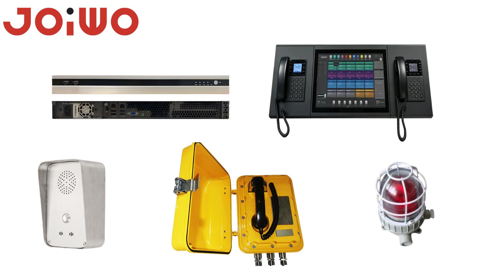 Image showing various components of an industrial telephone system including control units, handsets, and safety devices by Joiwo