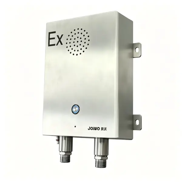 Explosion proof emergency telephone with stainless steel enclosure, suitable for hazardous environments, featuring a speaker and call button.