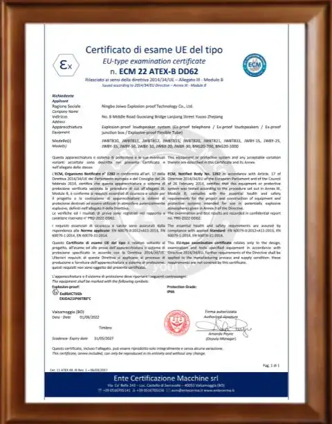 Official EU-type examination certificate displayed in a wooden frame, certifying product compliance with European standards.