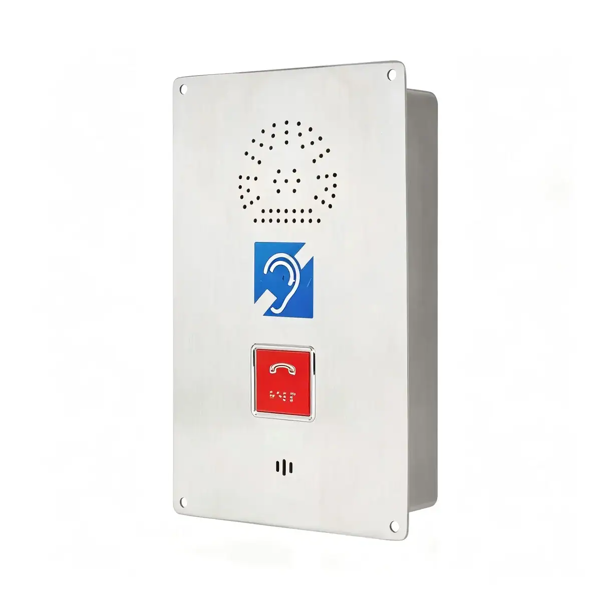 Public hands-free elevator emergency phone with speaker and call button for safety and communication in elevators.