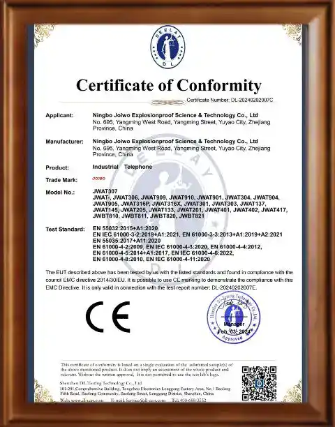 Official Certificate of Conformity issued to Ningbo Joiwo Explosionproof Science & Technology Co., Ltd for industrial telephones, confirming compliance with safety standards.