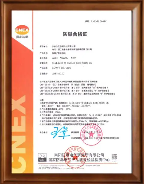 Official fireproof certification document issued by CNEX for Joiwo fire-resistant products, featuring certification details, signatures, and stamps.