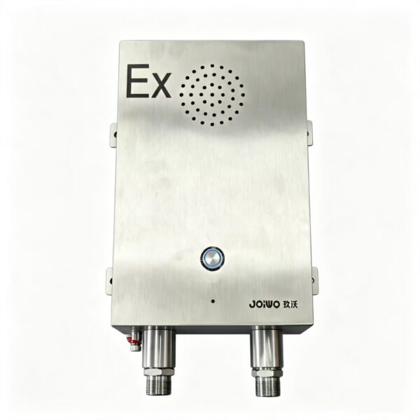 Explosion proof emergency telephone with stainless steel enclosure, suitable for hazardous environments, featuring a speaker grille and robust design.