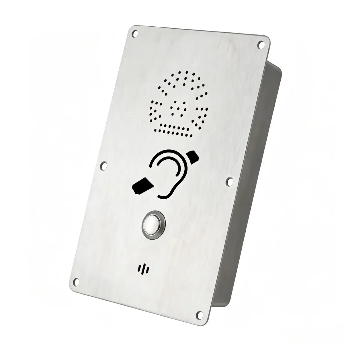 Hands-free elevator emergency phone with speaker and call button for safety and communication in elevators.