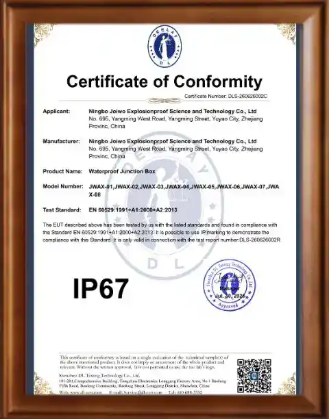 Official Certificate of Conformity for Waterproof Junction Box from Ningbo Joiwo Explosionproof Science and Technology Co., Ltd.
