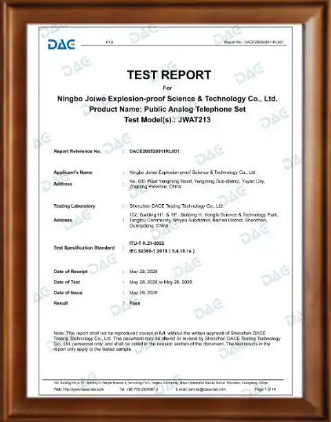 Official test report document for Ningbo Joiwo Explosion-proof Science & Technology Co., Ltd., detailing testing standards, dates, and results.