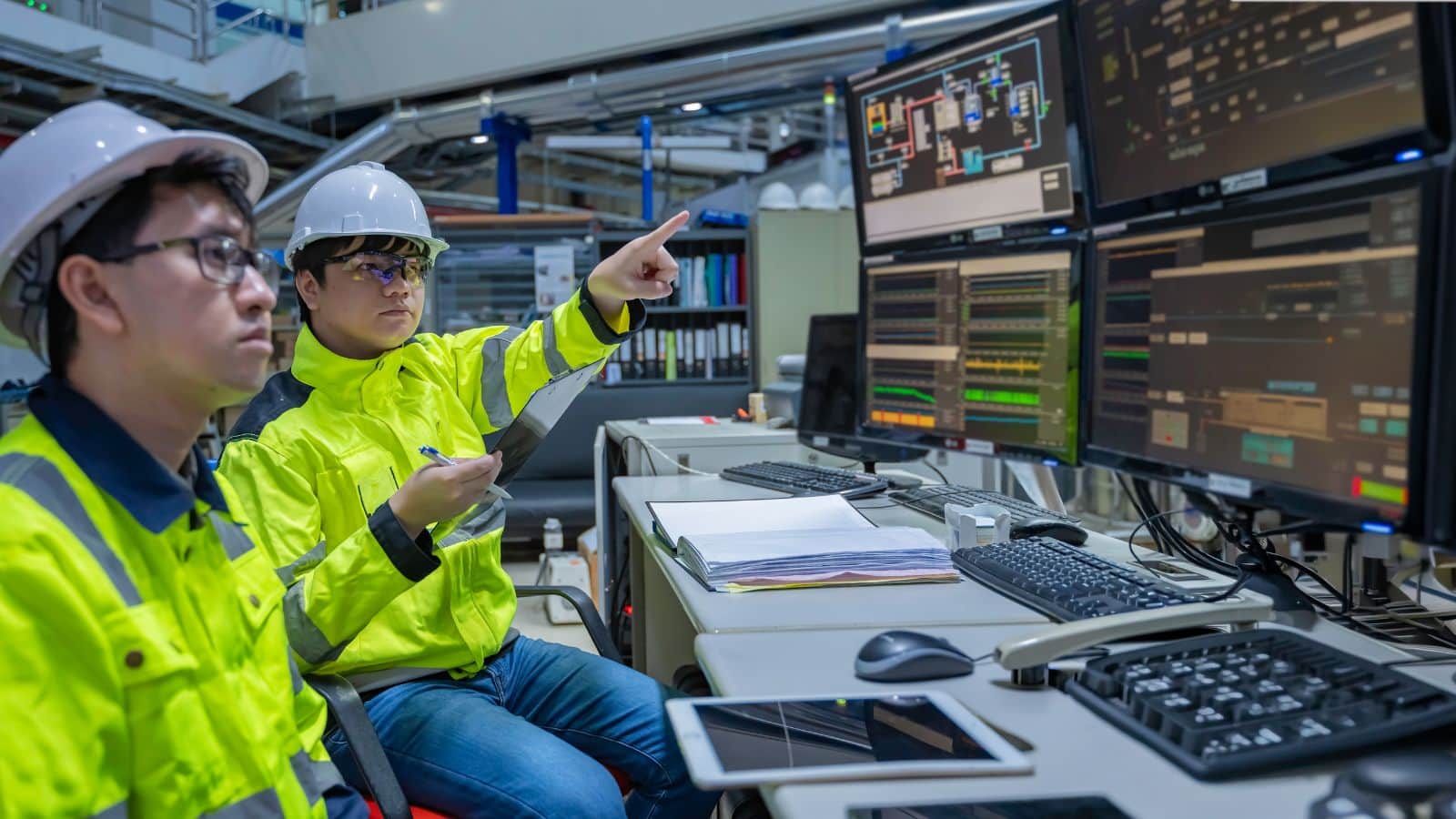 engineers analyzing industrial system feedback