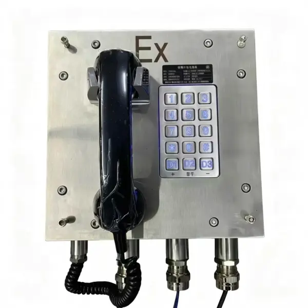 Explosion proof wall mounted stainless steel telephone with keypad and black handset for industrial safety.