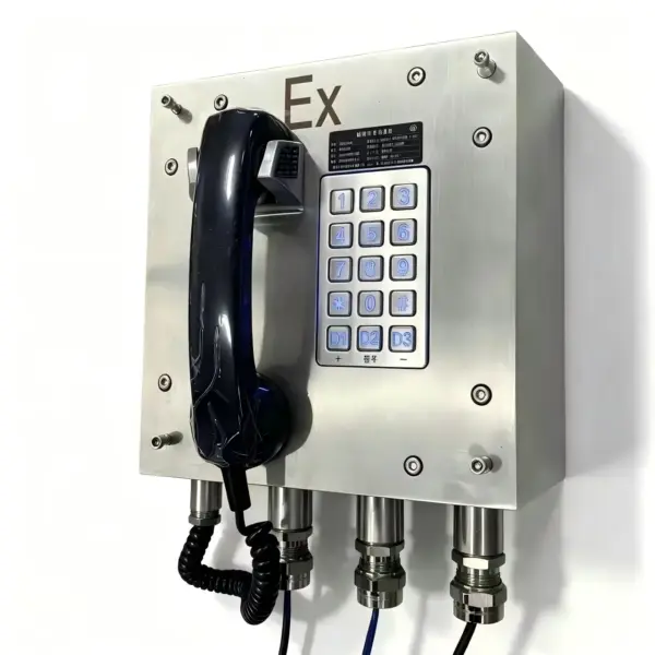 Explosion-proof industrial hazardous area telephone with keypad and sturdy metal enclosure for safety in hazardous environments.