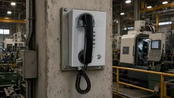 Industrial telephone mounted on concrete wall in manufacturing plant for reliable communication.