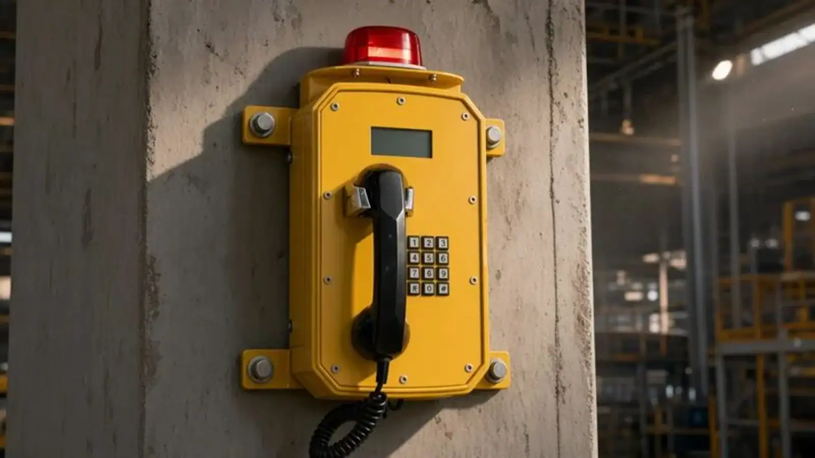 Yellow industrial emergency telephone mounted on concrete wall with red warning light on top, used for safety communication in manufacturing plants.