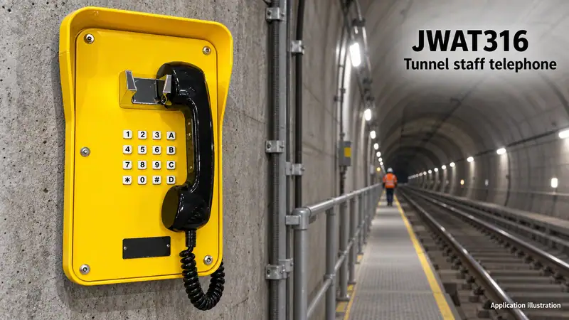 Yellow tunnel staff telephone with black handset mounted on concrete wall in railway tunnel for communication safety.