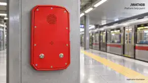 Red emergency communication device on a railway platform for safety and operational communication support.