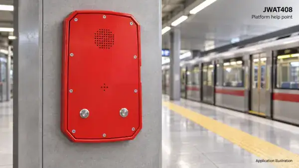 Red emergency communication device on a railway platform for safety and operational communication support.