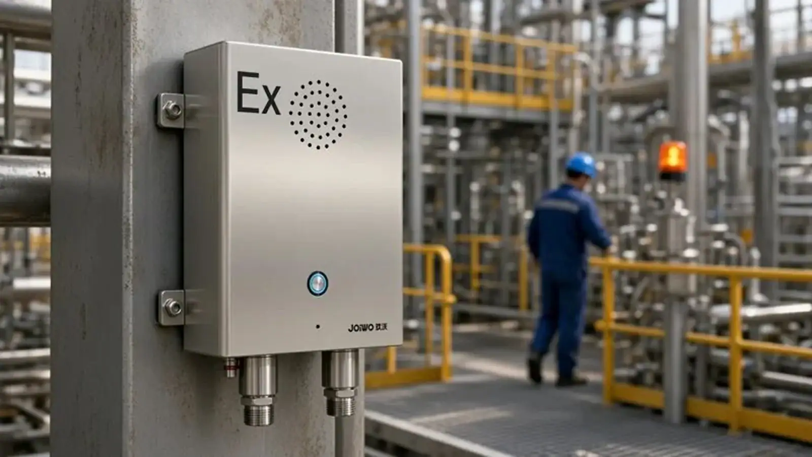 Explosion-proof industrial telephone mounted on a metal panel in a manufacturing plant with workers in the background.