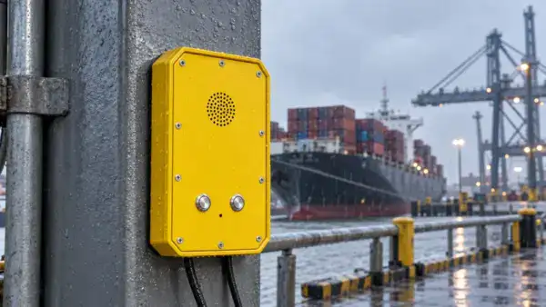 Yellow industrial telephone mounted on concrete pillar at port dock with cargo ship and cranes in background.