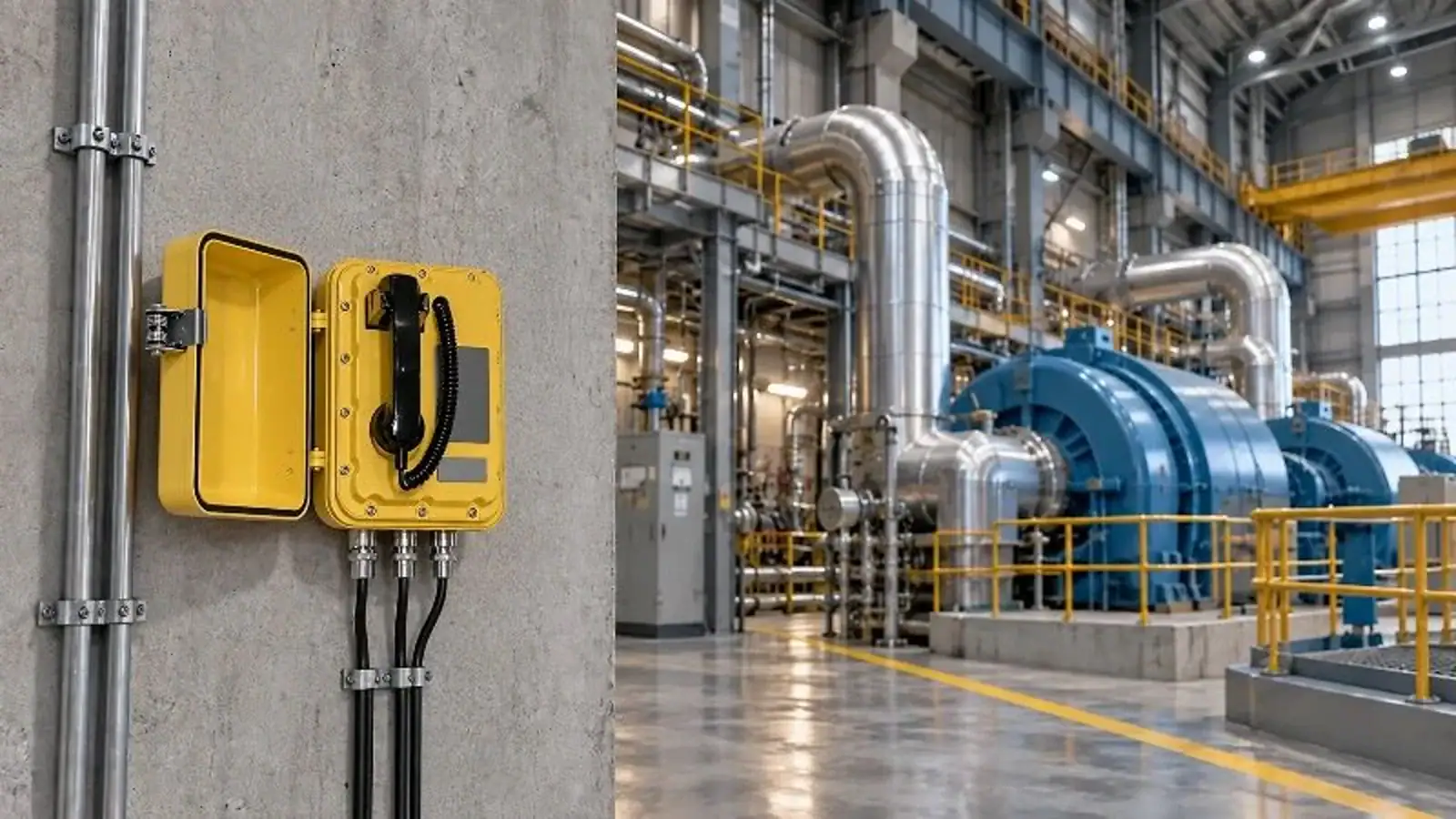 Industrial communication device with yellow housing installed on concrete wall in power plant setting, connected to cables for data transmission.