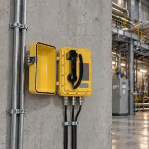 Industrial power plant with large turbines, pipes, and electrical control panels in a modern facility.