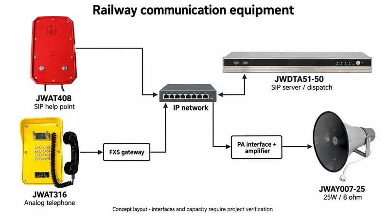Railway communication system with SIP help point, analog telephone, IP network, SIP server, and PA amplifier for railway operations.