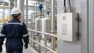 Worker inspecting control panel in a chemical processing plant with stainless steel tanks and piping.