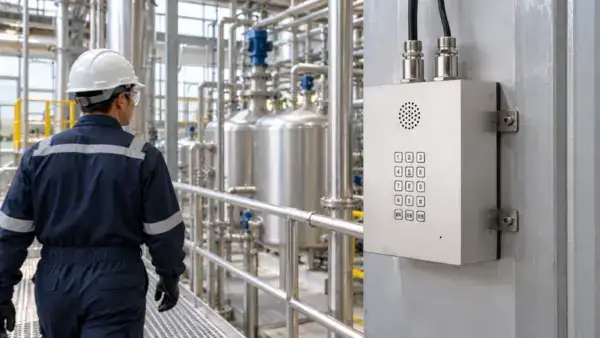 Worker inspecting control panel in a chemical processing plant with stainless steel tanks and piping.