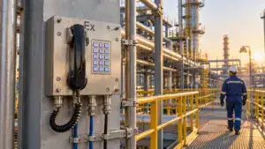 Explosion-proof industrial communication device with keypad and telephone in oil and gas plant setting.
