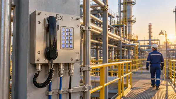 Explosion-proof industrial communication device with keypad and telephone in oil and gas plant setting.