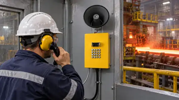 Worker using industrial communication device in a steel mill environment with noise and heat.