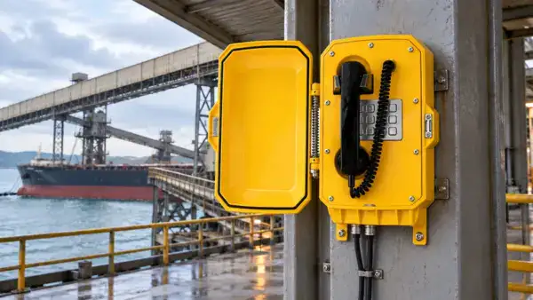 Yellow marine communication device with a black handset mounted on a concrete pillar at a port, with a cargo ship and port infrastructure in the background.
